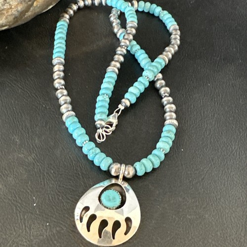 Pre-owned Handmade Mens Blue Turquoise Bearpaw Pendant Navajo Pearls Sterling Silver Necklace 17880