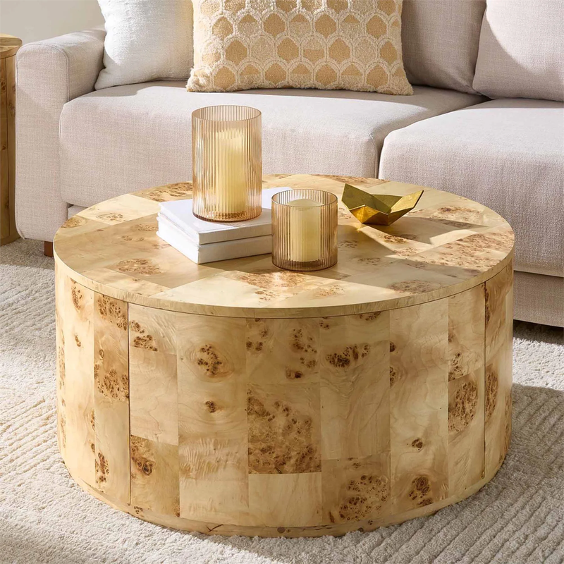 Elegant Burlwood Round Coffee Table with Light Veneer Finish