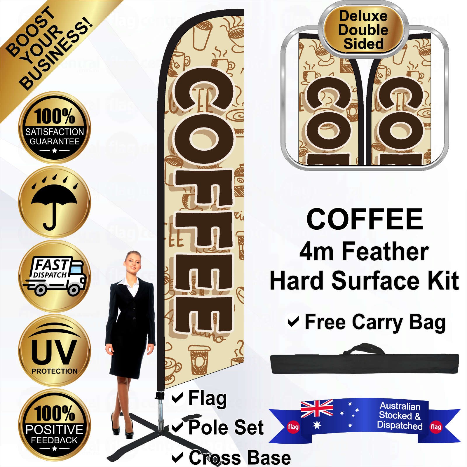 COFFEE Cream 4m Feather Flag / Banner Kit with Pole Set, Steel Outdoor Cross Base and a Free Carry Bag