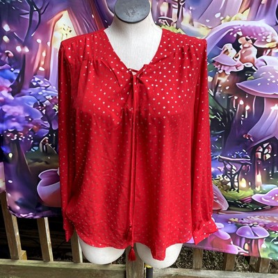 Fred David Red Silver Geometric Print Long Sleeve Blouse Women's Plus Size XXL