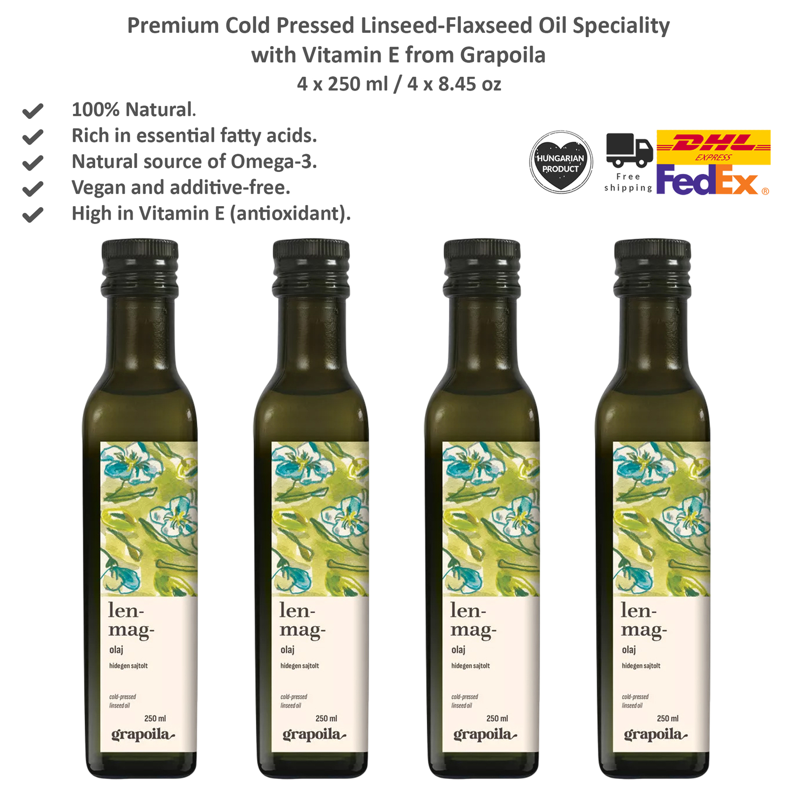 Grapoila Cold Pressed Flaxseed Oil - Omega 3 Fatty Acid Dietary Oil 4x250ml