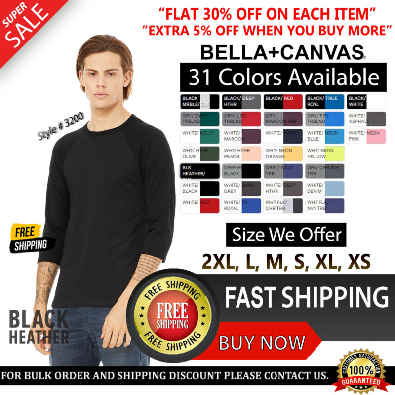 Bella + Canvas Unisex 3/4-sleeve Baseball T-shirt 3200 Top T Shirt Xs-2xl Tee