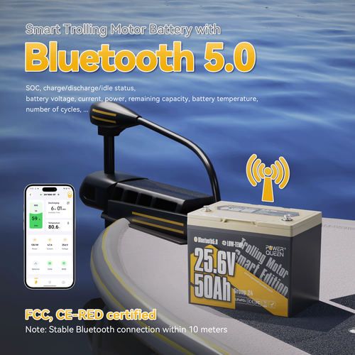 Power Queen 24V 50Ah TM Bluetooth LiFePO4 Battery for 70-100lbs Trolling Motor
