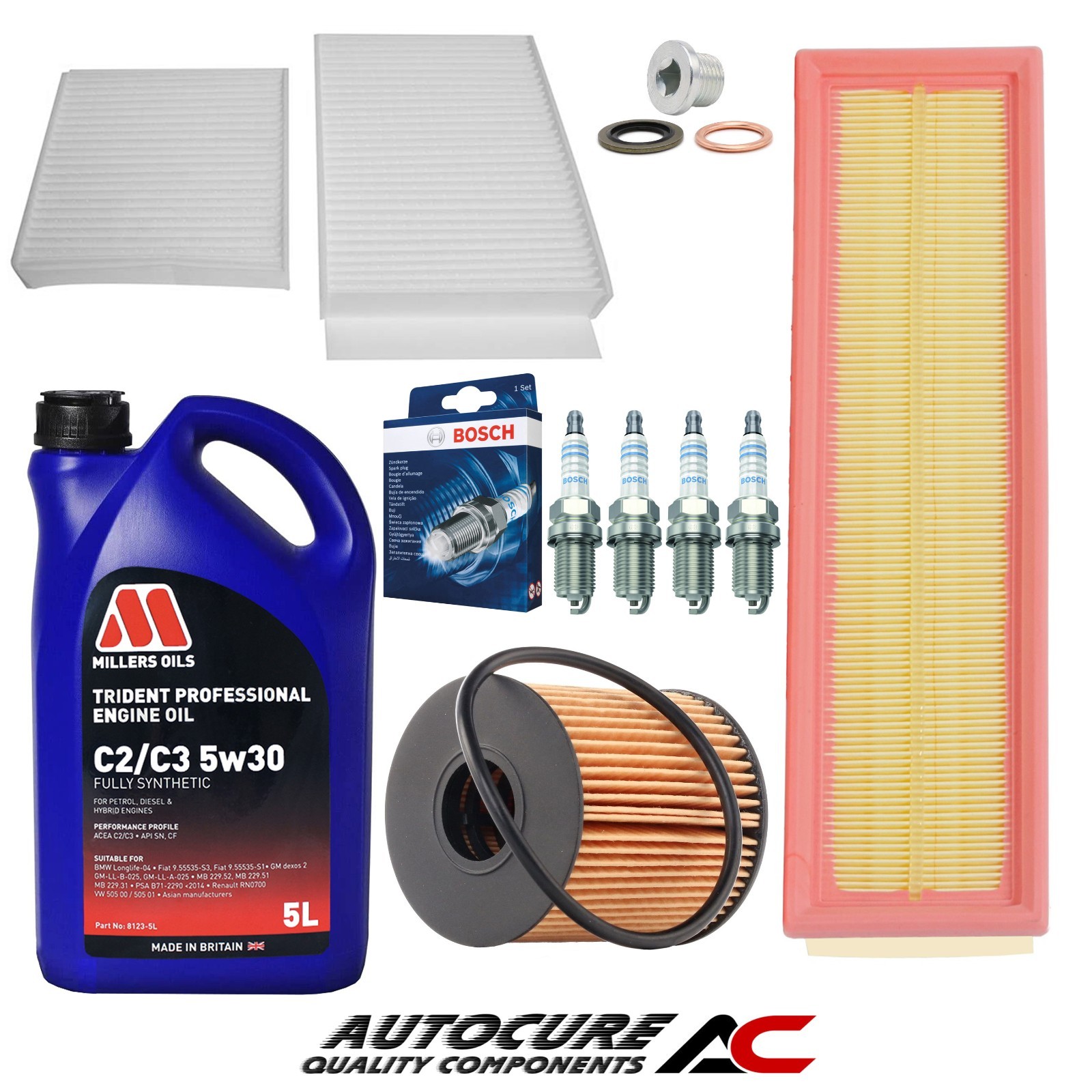 FOR CITROEN C3 1.4 PETROL FULL FILTER SERVICE KIT & BOSCH SPARK PLUGS & 5L 5W30