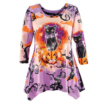 Sequin Detailed Black Cat Halloween 3/4 Length Sleeve Sharkbite Tunic