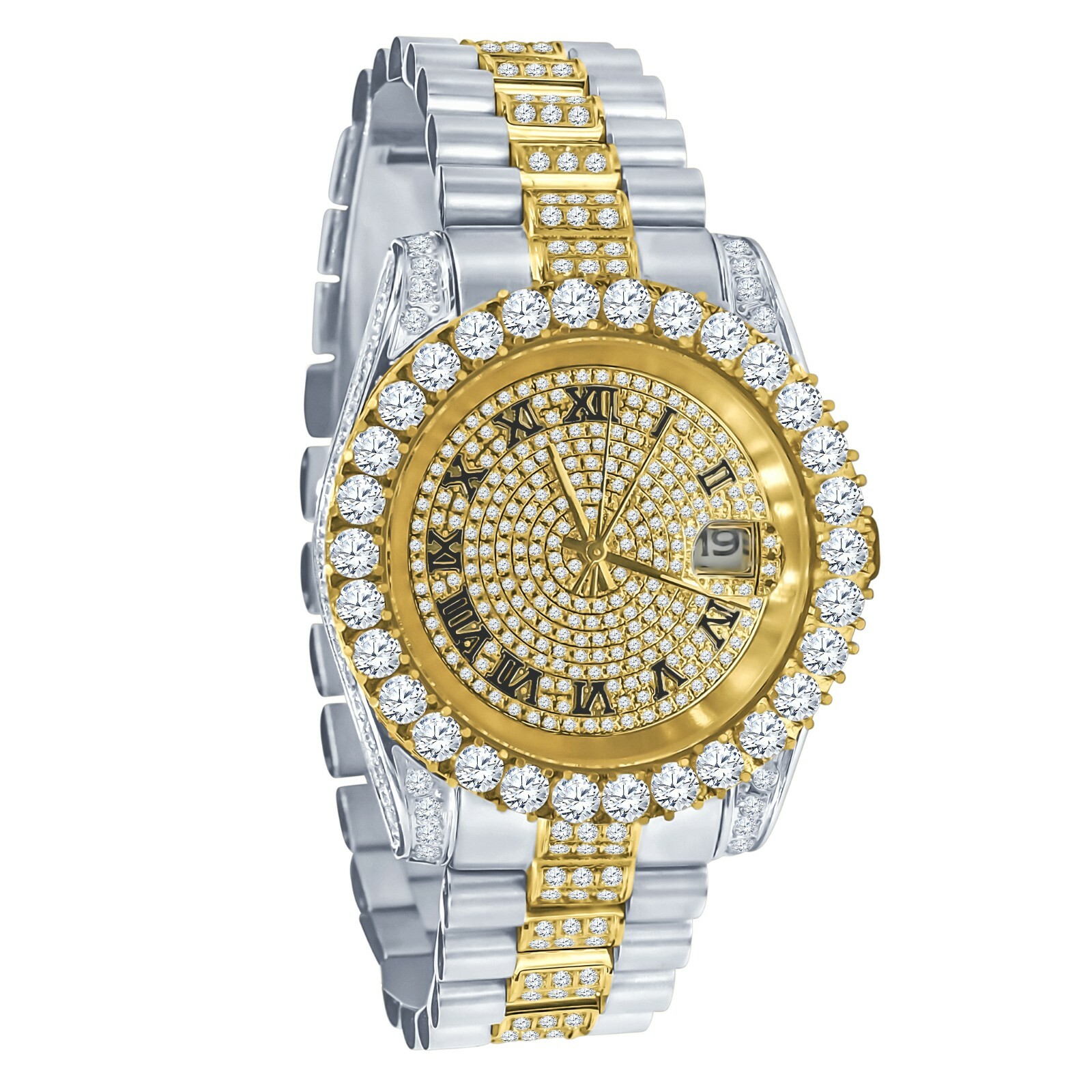 Pre-owned Blingmaster Men's Yellow Gold Tone Stainless Steel Presidential Watch 41mm Simulated Diamond