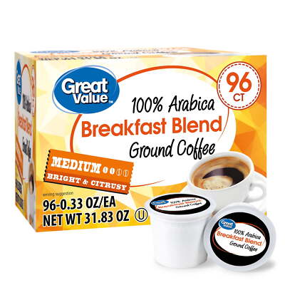 Great Value 100% Arabica Breakfast Blend Medium Roast Ground Coffee Pods, 96 Ct