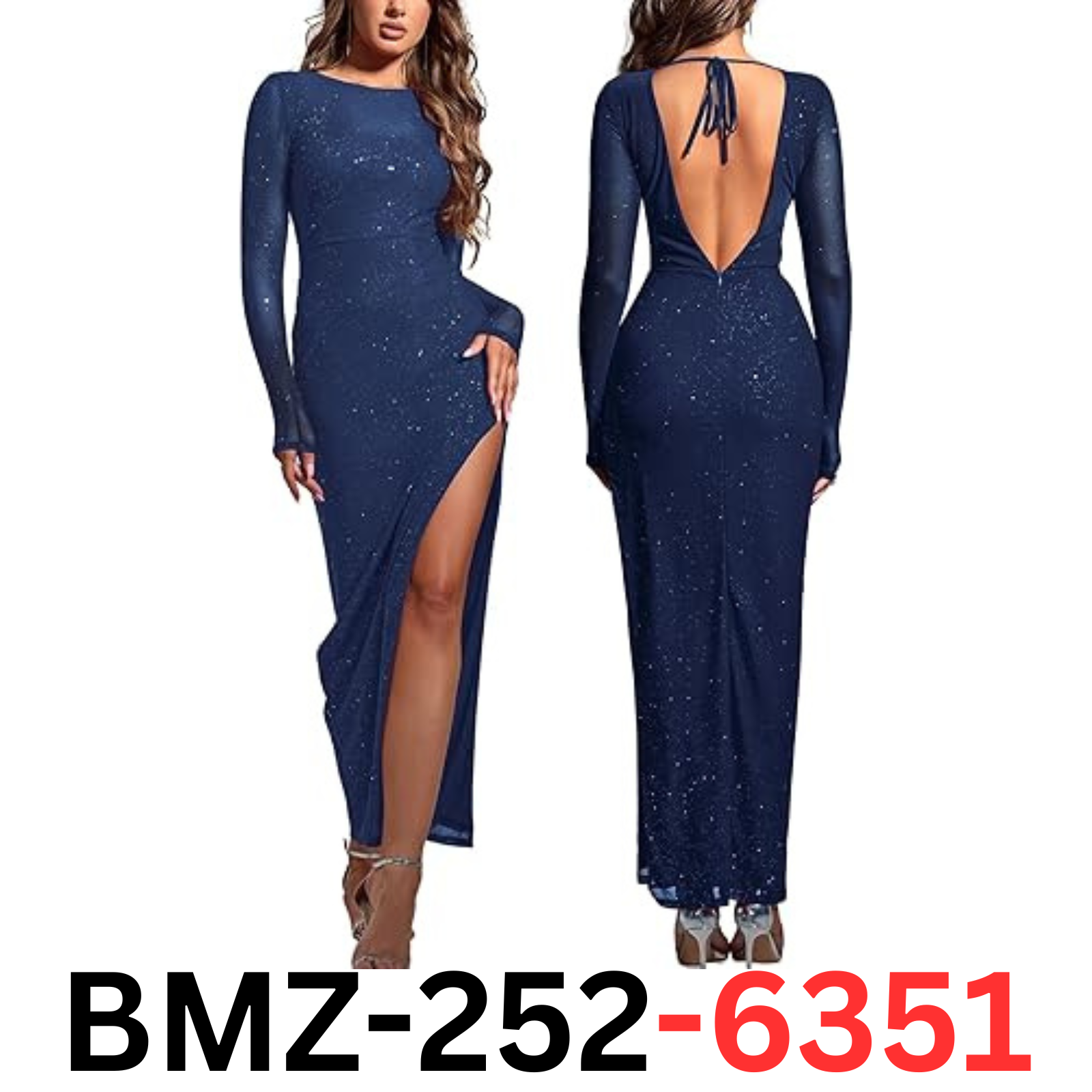 Colysmo Sparkly Sequin Bodycon Maxi Dress Long Sleeve Sexy Side Split Dress, M