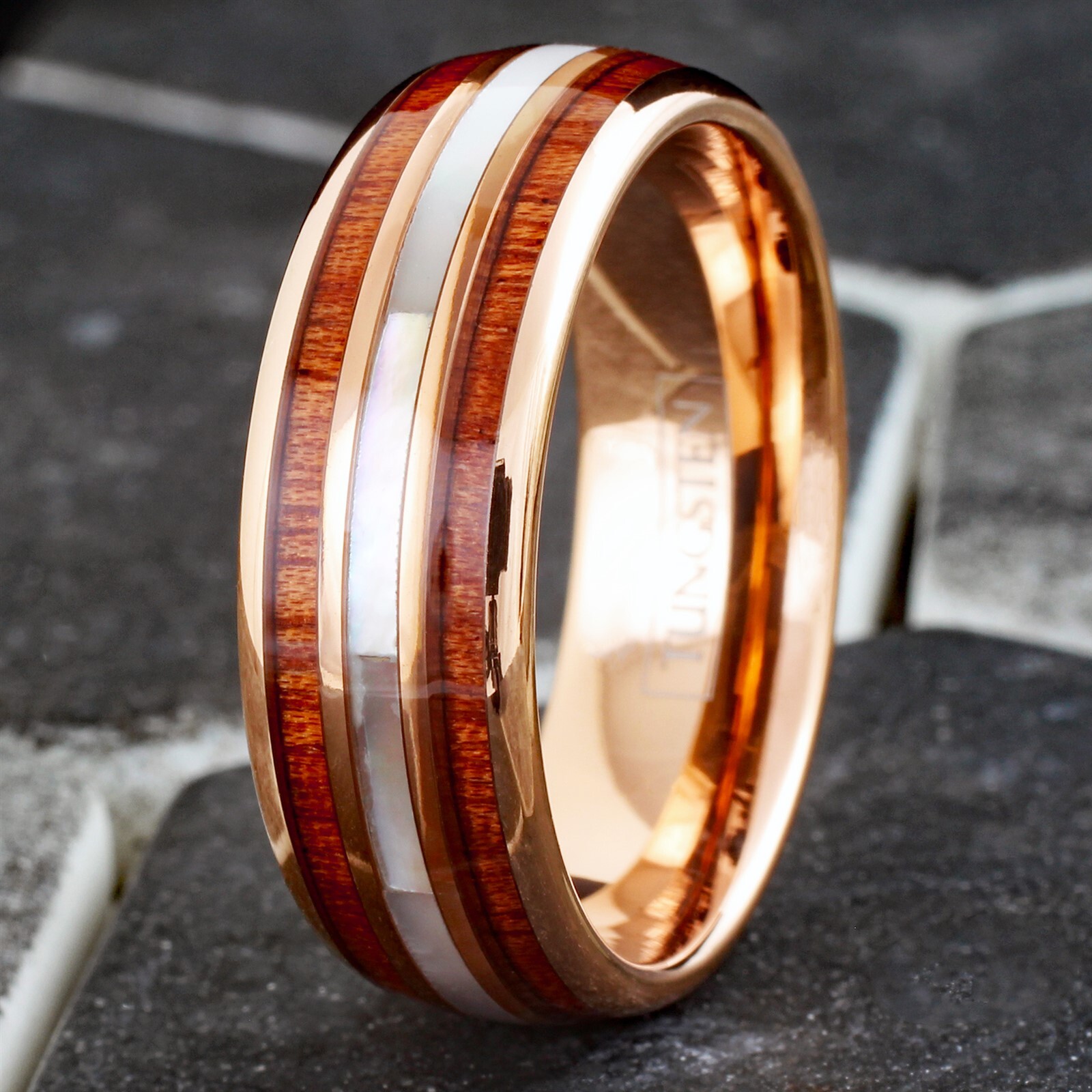 8mm Men's Rose Gold Plated Tungsten Mother of Pearl & Koa Wood Wedding Band Ring