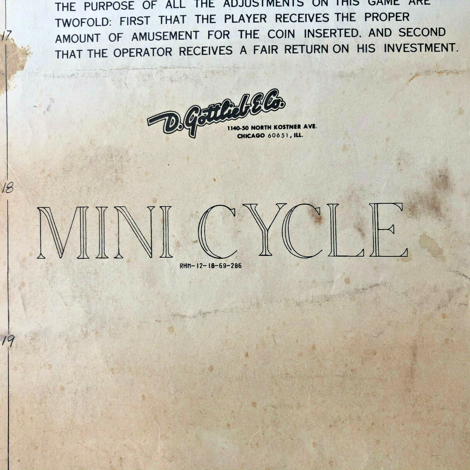 Original Gottlieb Mini Cycle EM Pinball Machine Manual Schematics