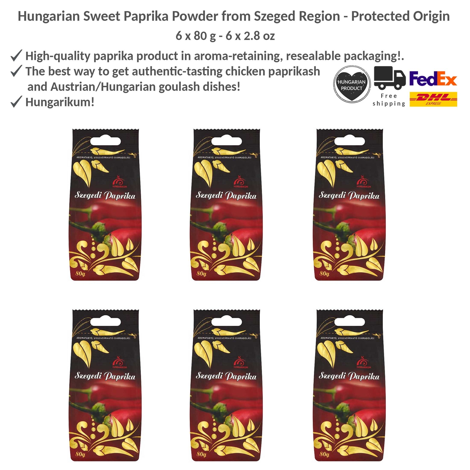 Hungarian Sweet Paprika Powder from Szegedi Region - Protected Origin 80gx6
