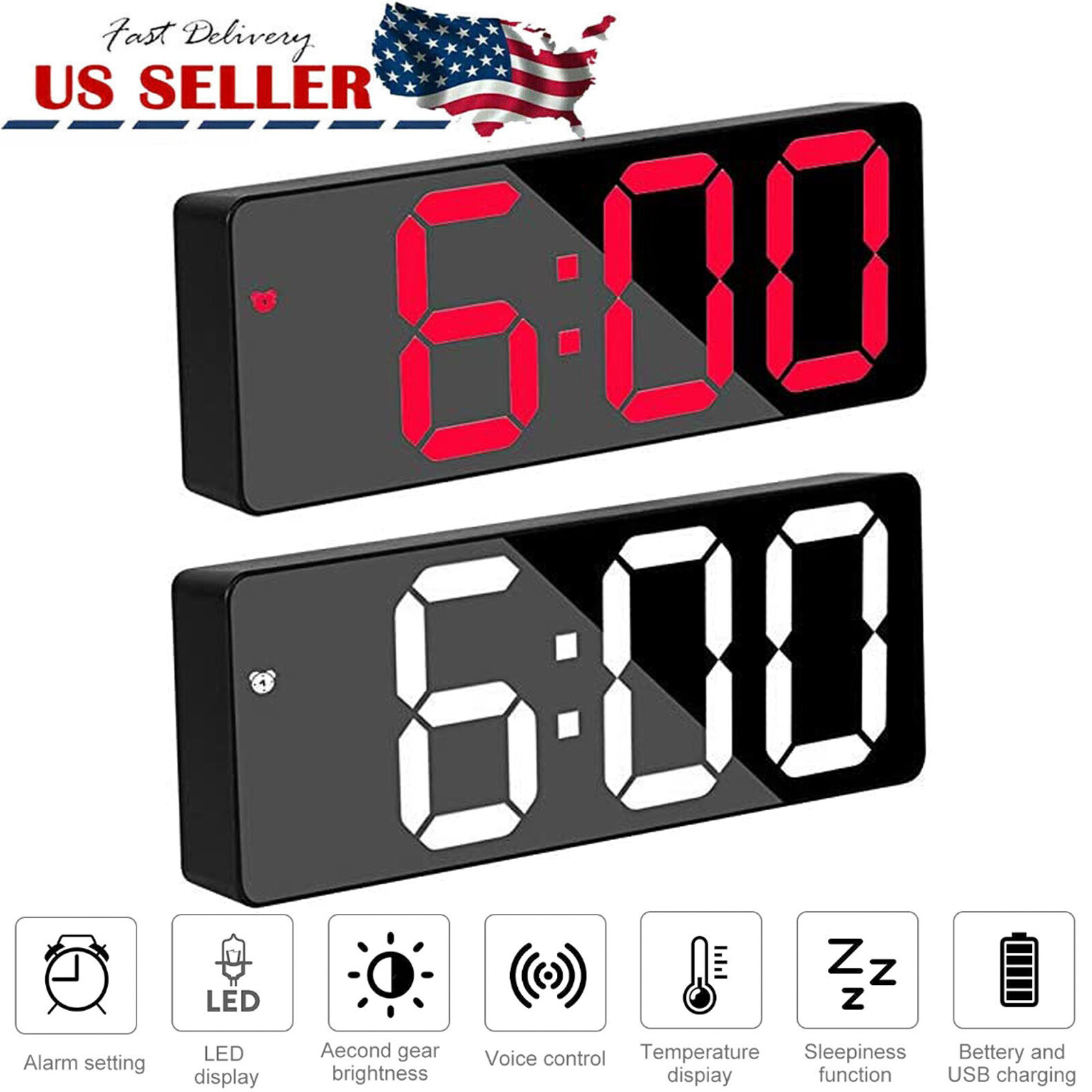 Digital LED Desk Alarm Clock Large Mirror Display USB Snooze Temperature Mode US