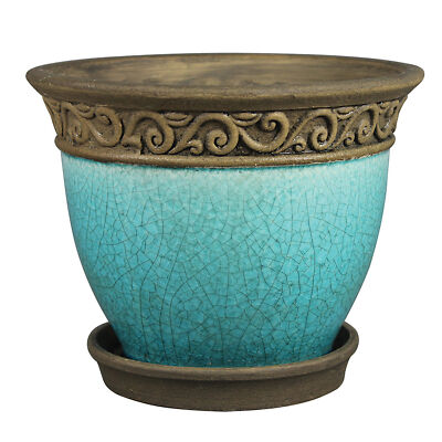 Southern Patio Cadiz 8'' Crackled Ceramic Planter Pot w/ Saucer, Teal (Open Box)