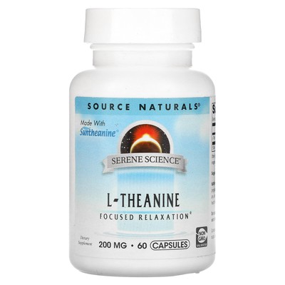 Source Naturals L-теанин 200 мг 60 капсул Без молочных продуктов, без яиц, без глютена,