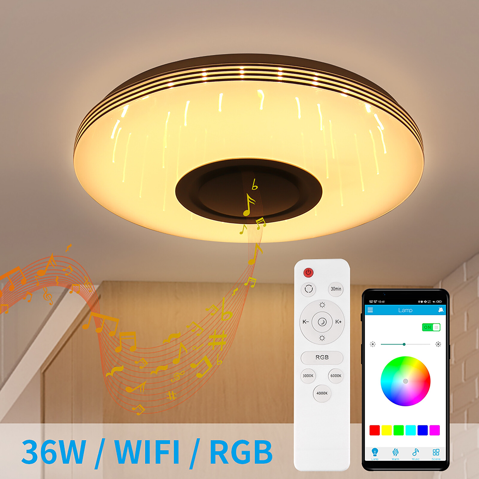 Dimmbar RGB LED Deckenlampe Deckenleuchte Musik Bluetooth Alexa/Google