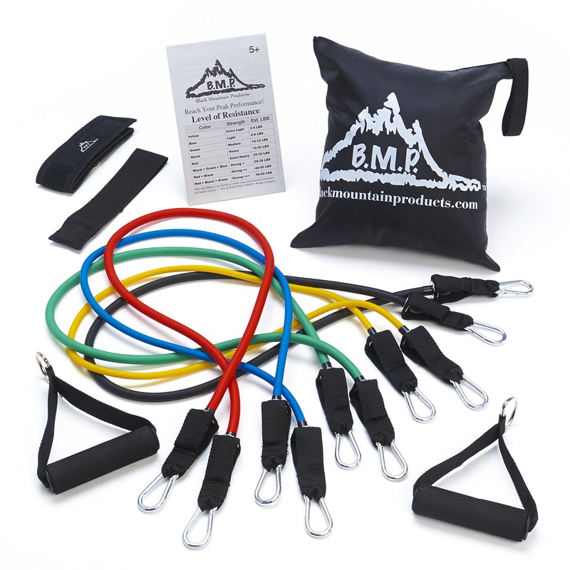 Black Mountain Products Rubber Resistance Band Set with Door Anchor, Ankle Strap
