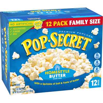 Pop Secret Microwave Popcorn, Homestyle Butter Flavor 3.2 oz Sharing Bags, 12 ct