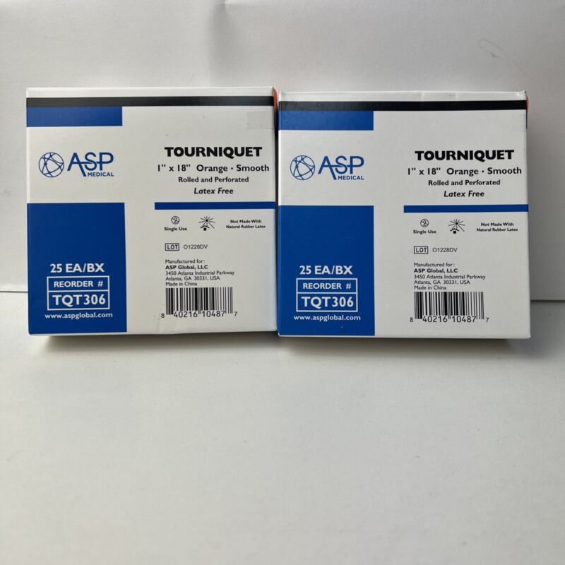 2 NEW 50-PACK ASP Medical Disposable Tourniquets 1" x 18" ORANGE Smooth Rolled