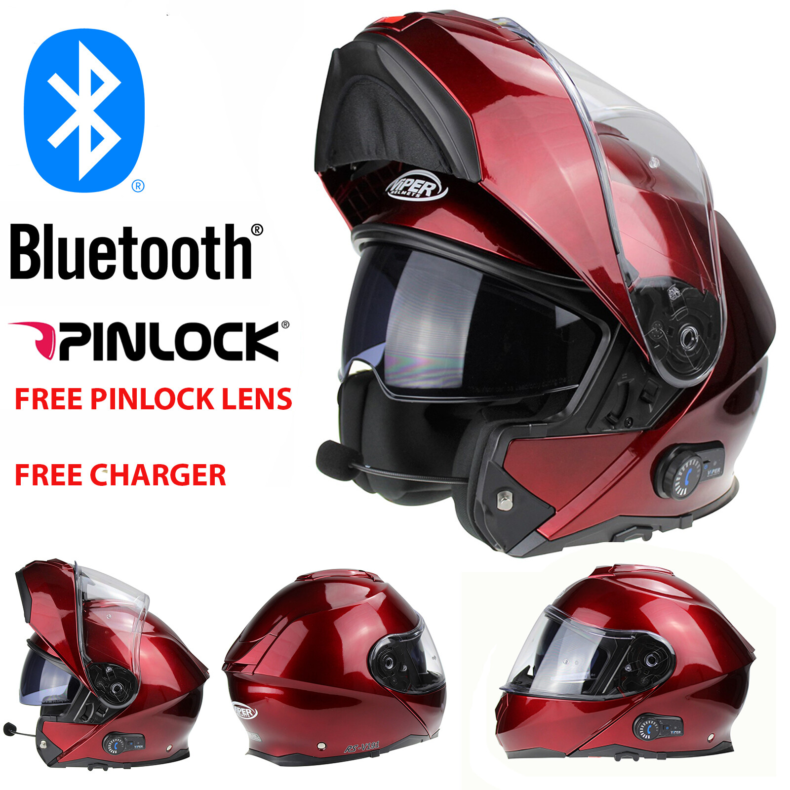 VIPER RS-V191 BLINC BLUETOOTH FLIP FRONT MODULAR MOTORCYCLE HELMET BURGUNDY