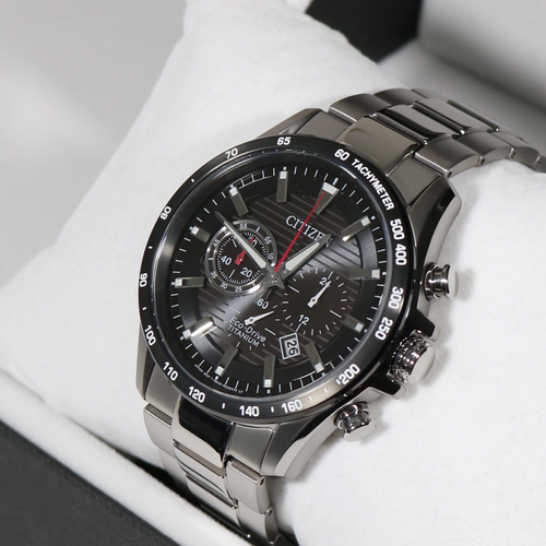 CITIZEN CITIZEN ECO-DRIVE SUPER TITANIUM BLACK DIAL CHRONOGRAPH MEN'S WATCH CA4444-82E
