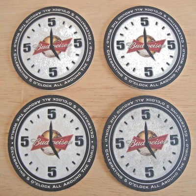 Set of 4 Collectable Circle 5 O'Clock Budweiser Cardboard Drink Coasters
