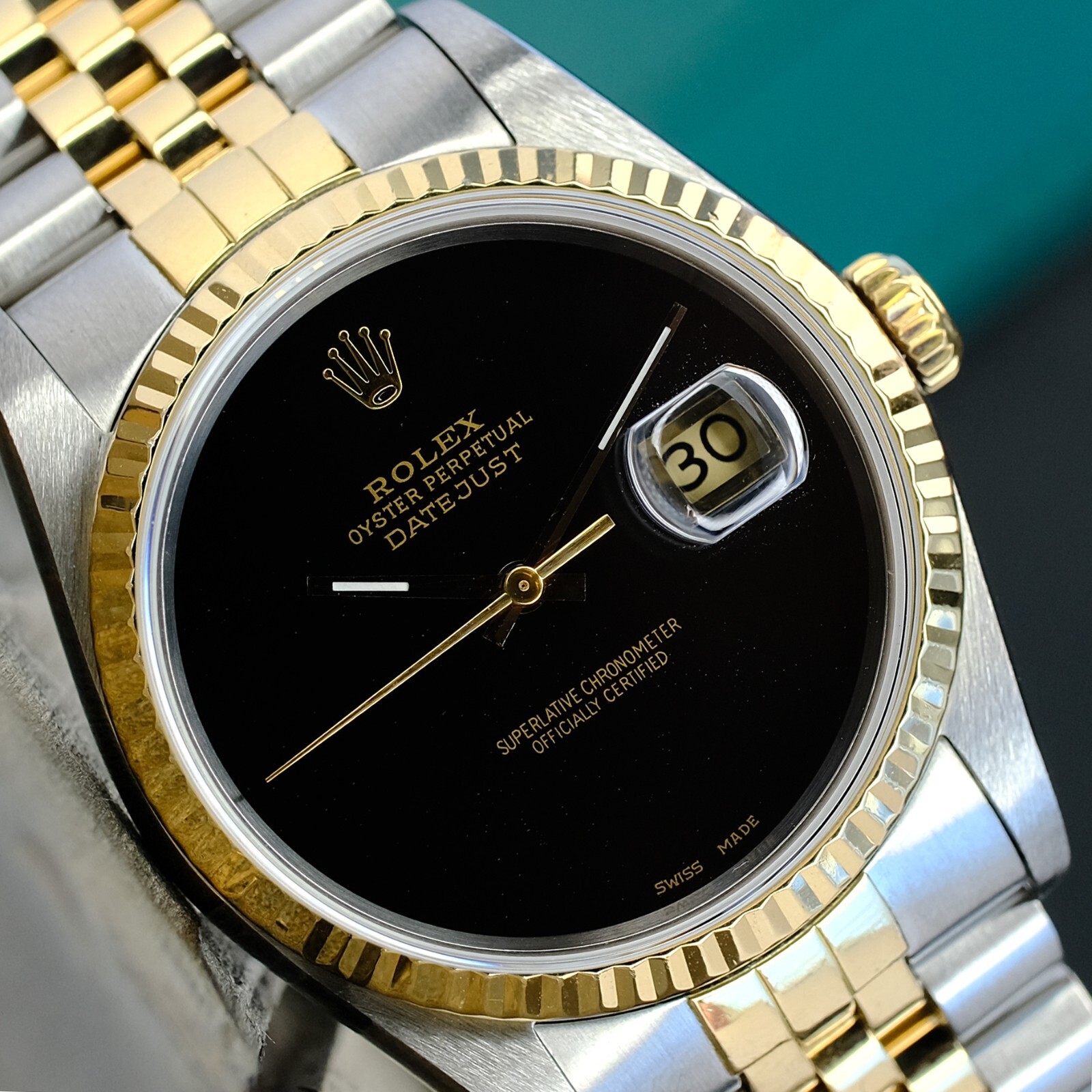 ROLEX MENS DATEJUST 18KY GOLD & STEEL WATCH 36MM BLACK DIAL
