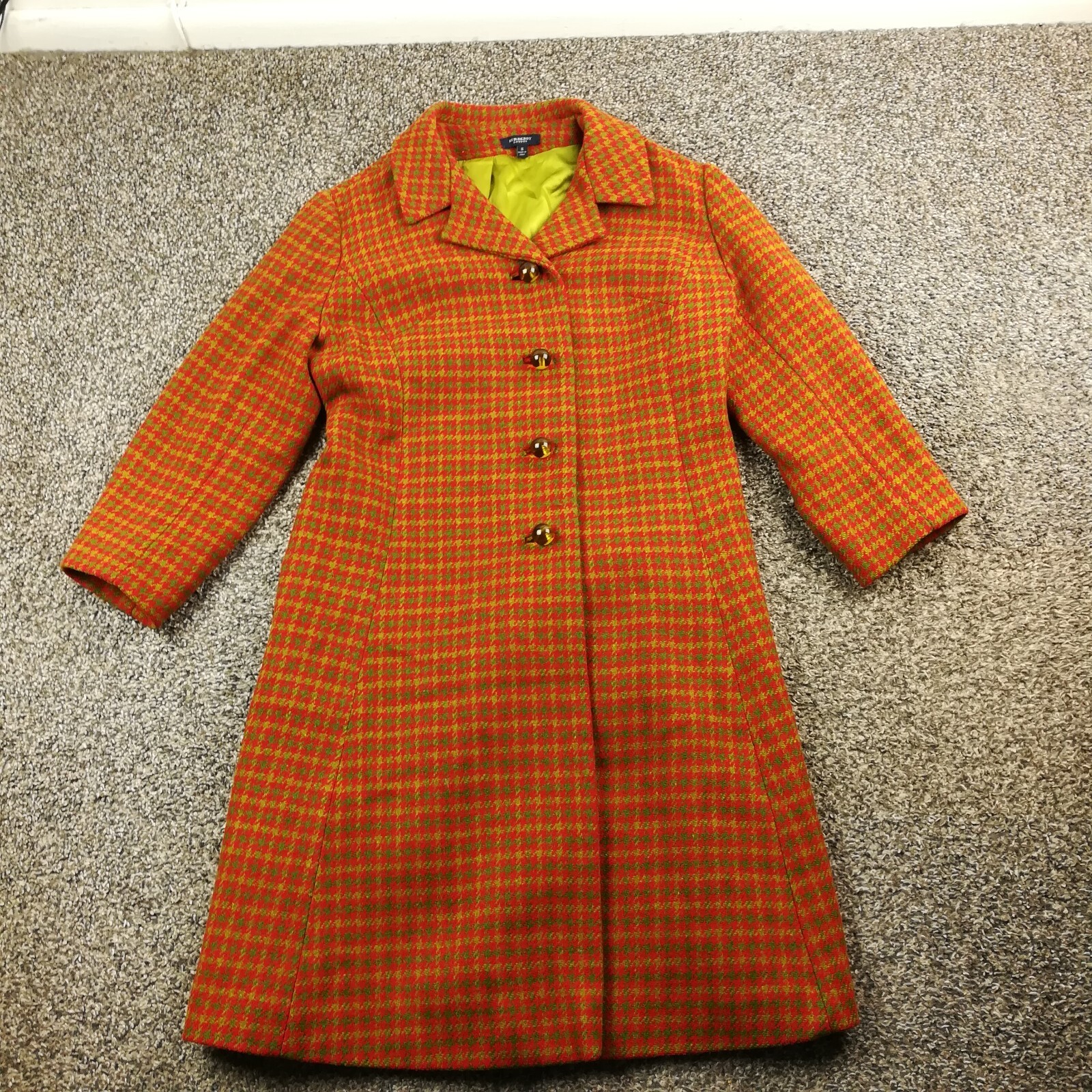 Burberry London Coat Tweed Wool Houndstooth Checked Red