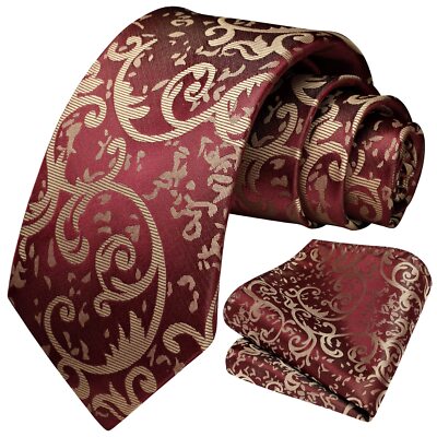 Ties for Men Burgundy Floral Tie and Pocket Square Set Formal Business Mens T...