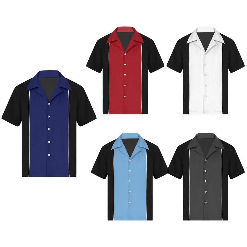 トップス 50s 60s courneu short sleeve shirt Mens Retro Camp Shirts 50s Bowling T-Shirt Short Sleeve