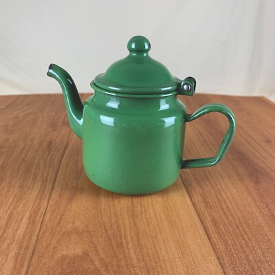 Vintage Enamelware Teapot Green Hinged Lid Small 1 Cup Cottage Farmhouse Shabby