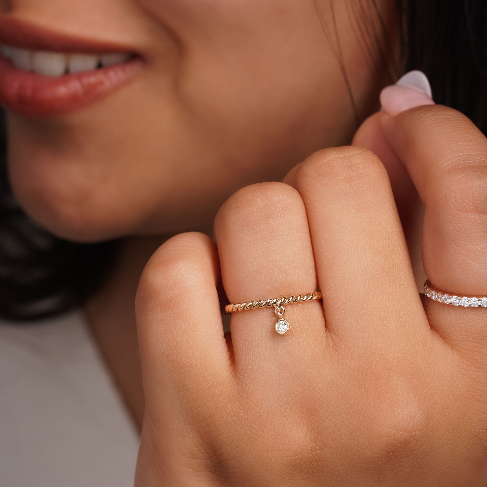 VS/F-G Diamond 14K Gold Dangle Twisted Rope Band  Ring-For Gifting