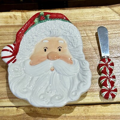 FITZ AND FLOYD 2008 Cookie Snack Tray W/ Spreader  10''X 8''  Peppermint Santa