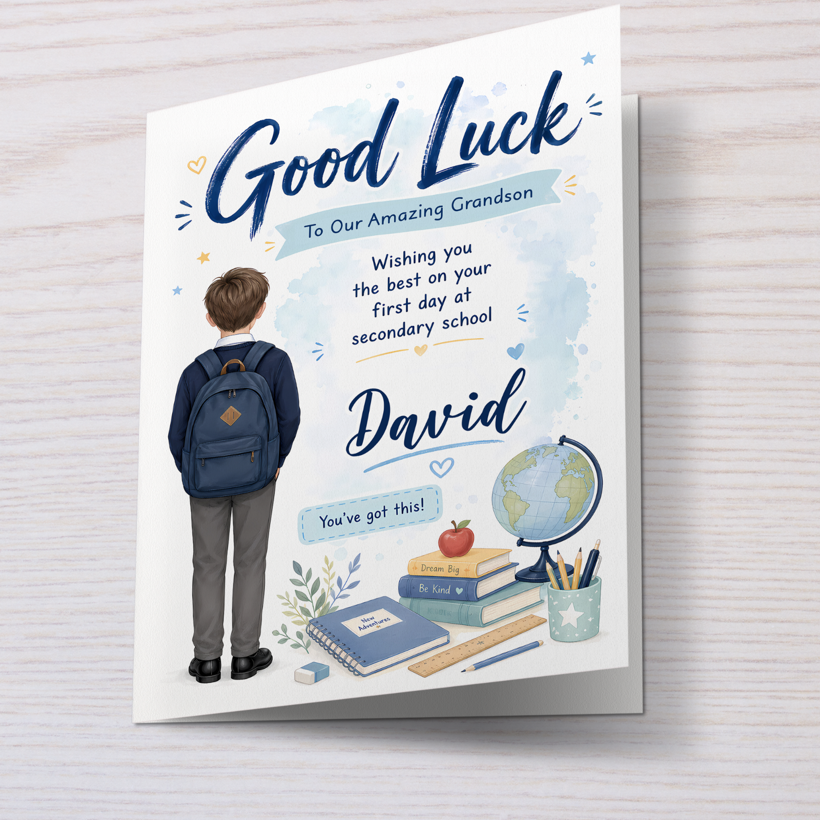 Personalised First Day Card Secondary School Boys Good Luck Blue Gift Card