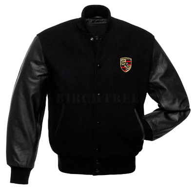 Vintage Porsche Black Leather and Wool Varsity Letterman Bomber Jacket