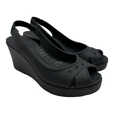 Women's CROCS Farrah Wedge Peep-Toe Slingback Shoes Black Wedge Sandals Size 6