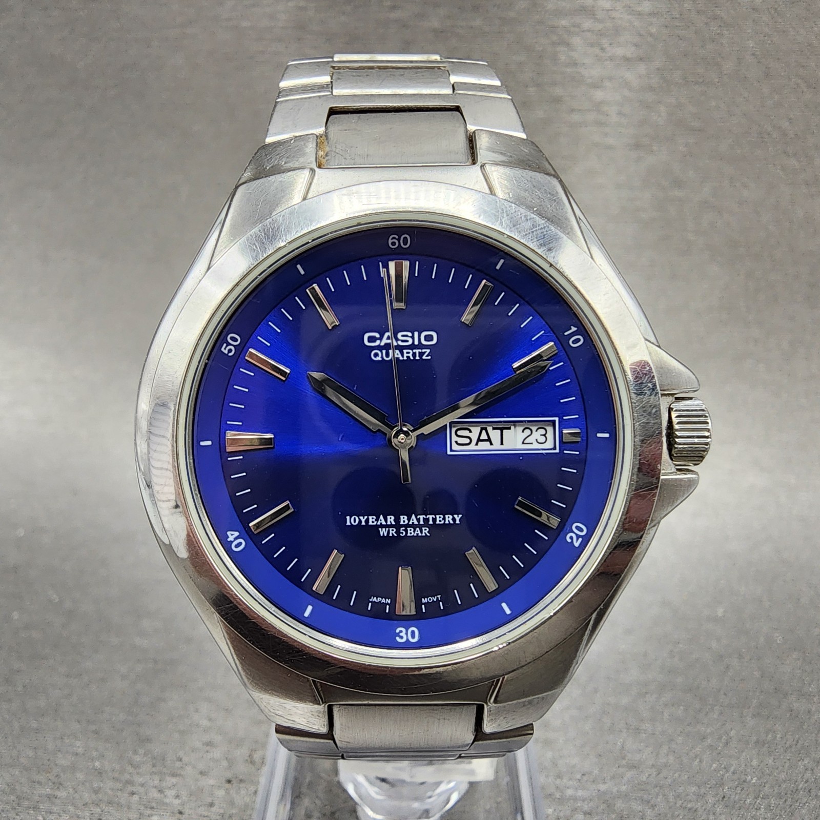 Casio Watch Men 38mm Blue Dial Silver Tone Daydate MTP-1228D