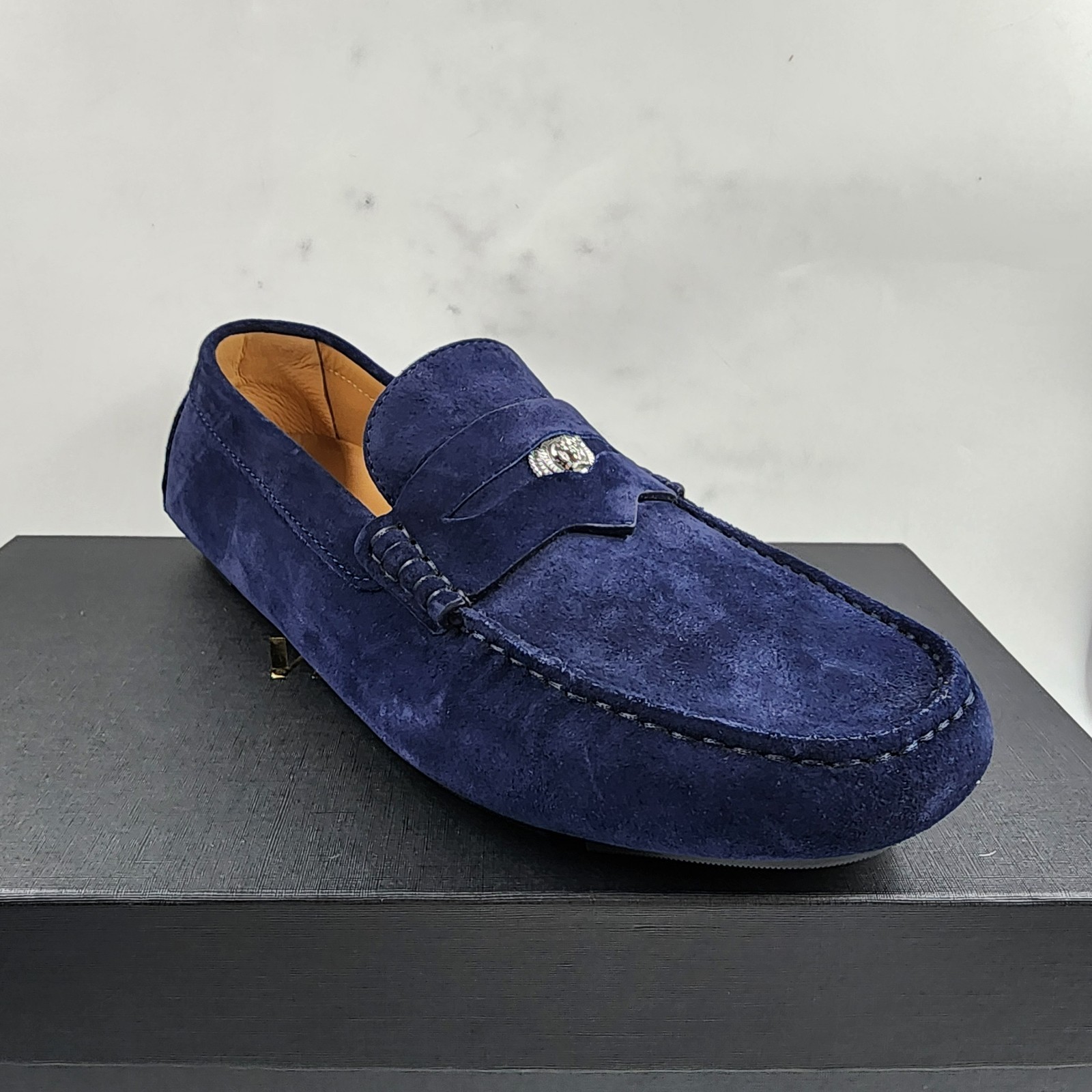 Versace Medusa Penny Loafers Men's 42.5/9.5US Blue Stitched Moc Toe Slip On - Picture 8 of 24