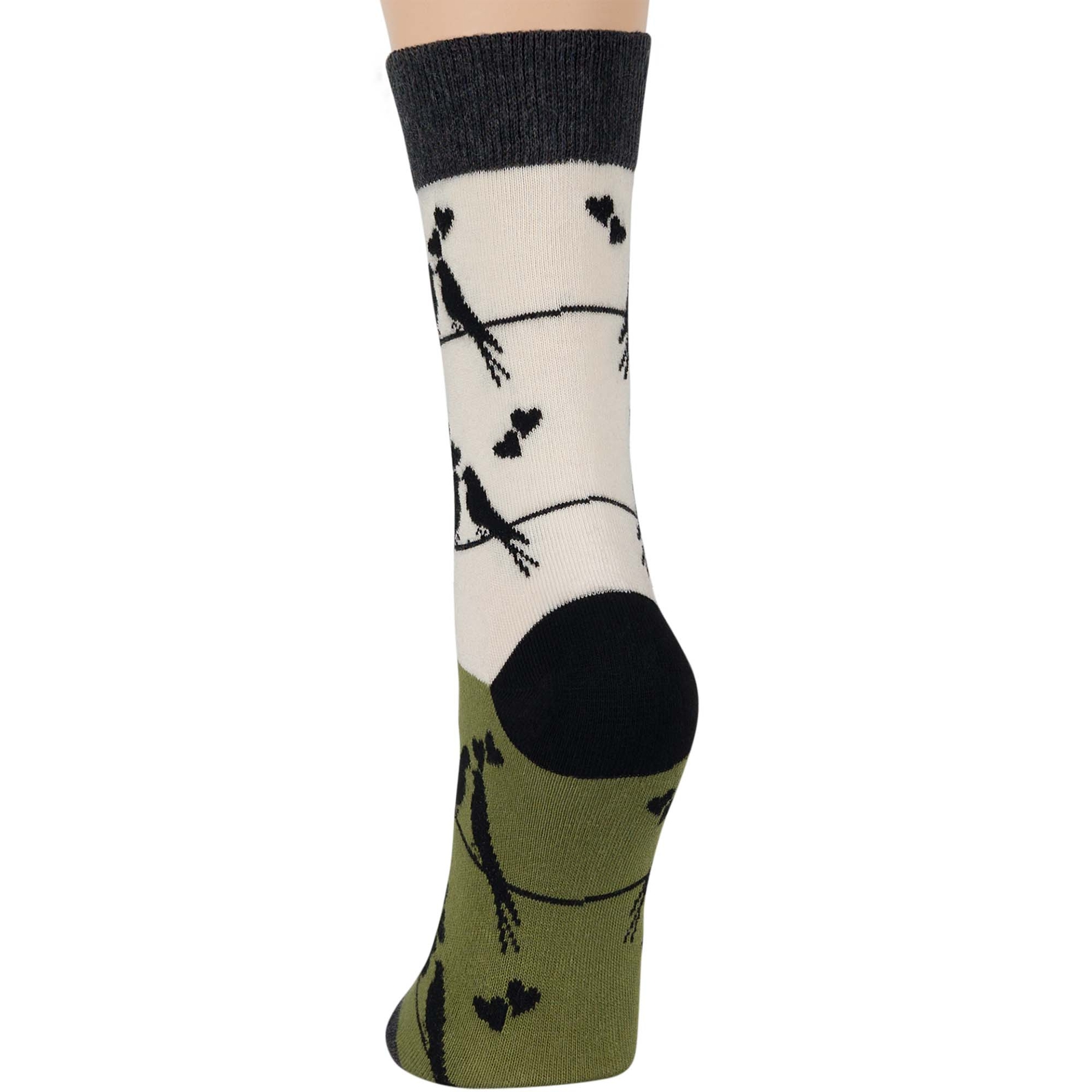 Women Cotton Crew Socks-4 Pack Medium- Birds Love Heart-Green Ecru Grey - Picture 4 of 13