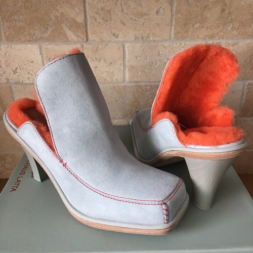 Pre-owned Ugg Court Mule Eckhaus Latta Sky Grey Mandarin Orange Leather Heels Size Us 8