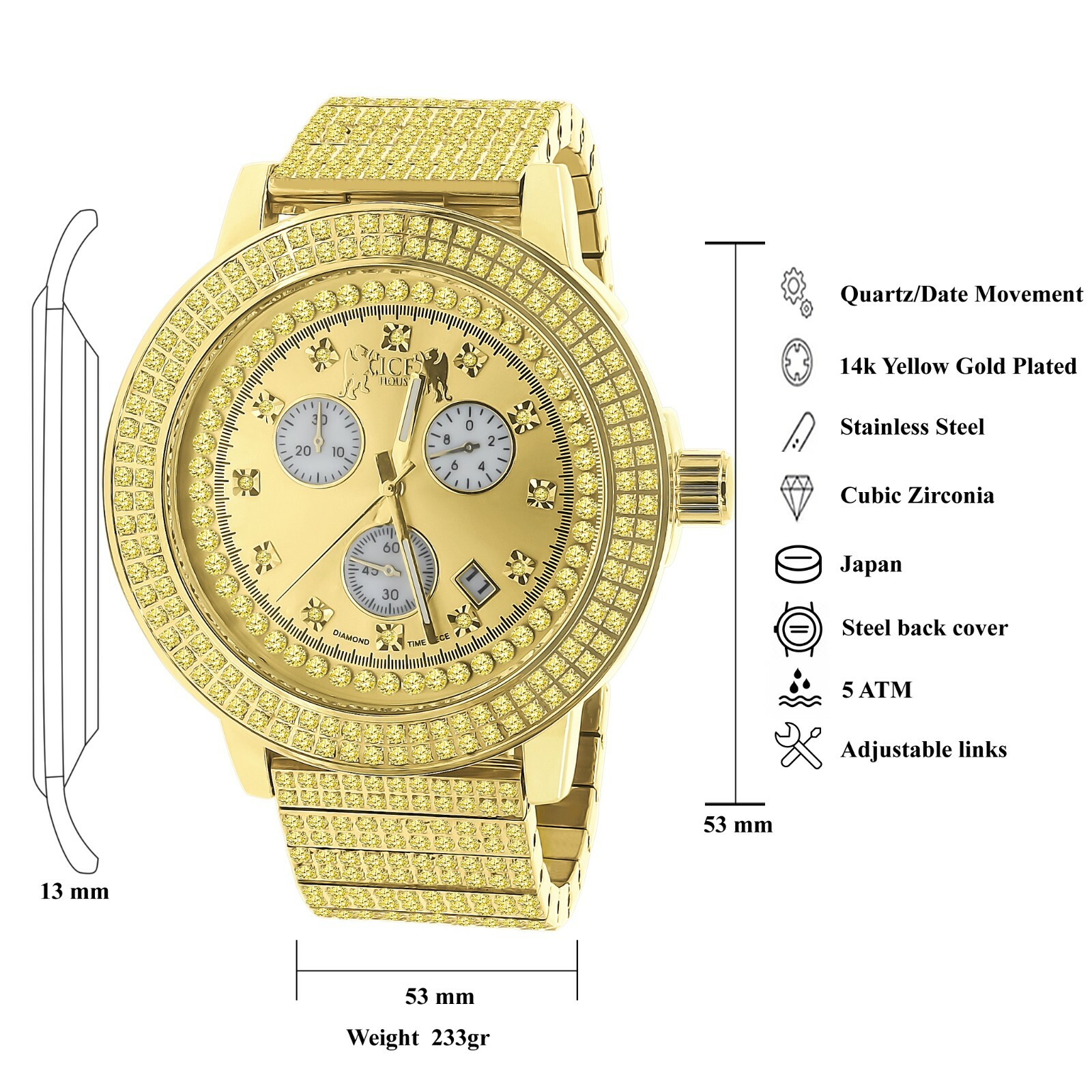 Pre-owned Ice House Real Diamond Dial Full Stainless Steel Canary Gold Tone Men's Watch W/date 54mm
