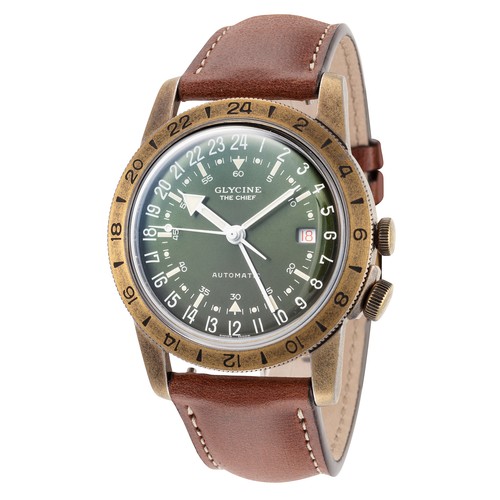 Pre-owned Glycine Men's Airman The Chief Gl0307 40mm Green Dial Leather Watch