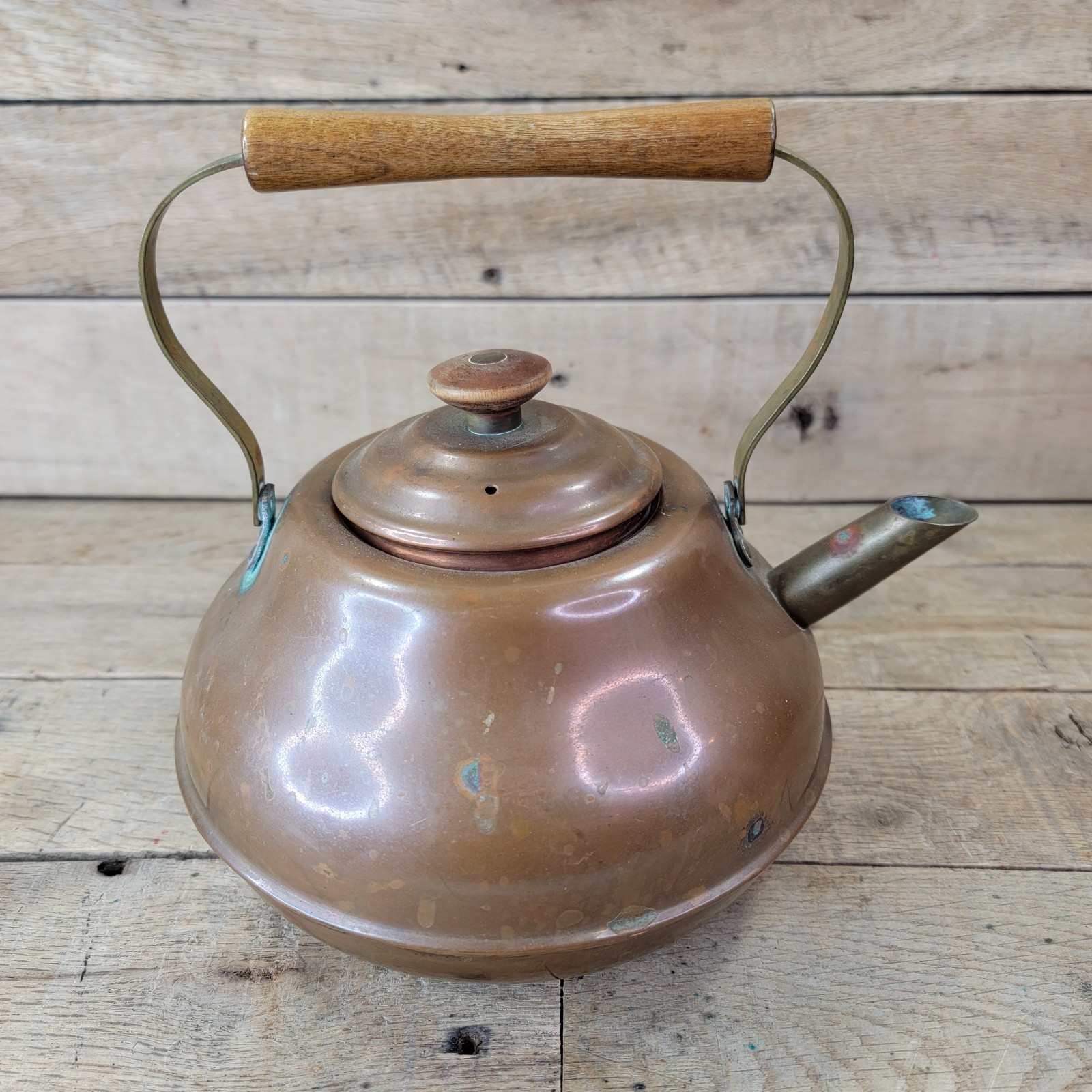Vintage Copper Tea Kettle Wood Handle Brass Hardware 6” Rustic Farmhouse