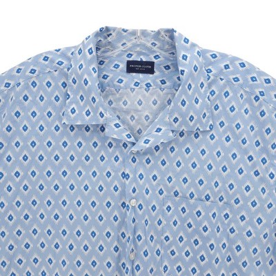 PROPER CLOTH Albiate Printed Camp Shirt Sky Blue Block Print Poplin Est. Size XL