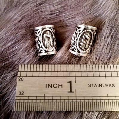 Fenris Rune Beard Braid Beads 1 Pair Uruz Power Silver Viking Celtic SCA LARP
