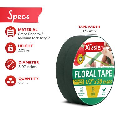 XFasten Wide Floral Tapes for Bouquet 1/2-Inch x 30 Yards - Dark Green (2-Pac...