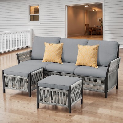 3 Pcs Patio Furniture Set Outdoor Wicker Rattan Sectional Sofa Set w/Cushions