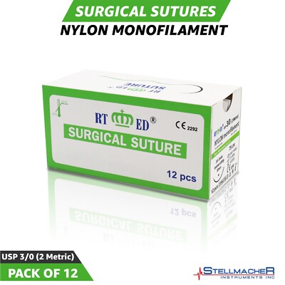 3/0 Suture Nylon Practice Sutures Thread Sterile Threads & Needles 12 Pcs