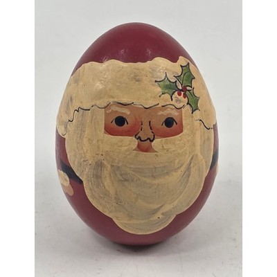 Vintage Hand Painted Wooden Santa Claus Egg Figurine Christmas Folk Art Decor