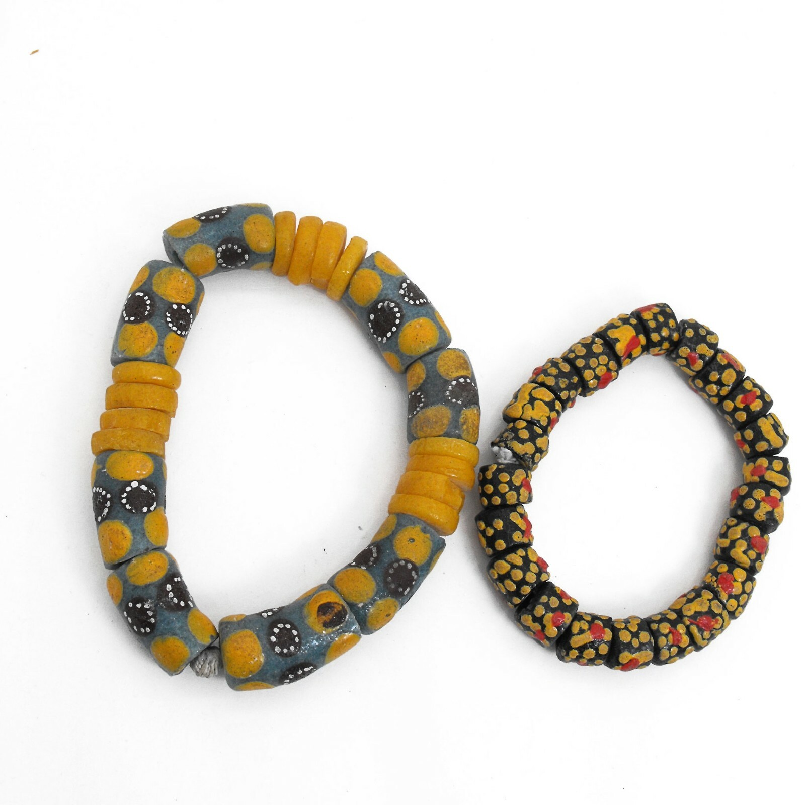 African Venetian Millefiore Trade Beads Stretch Bracelets Yellow Blue Black