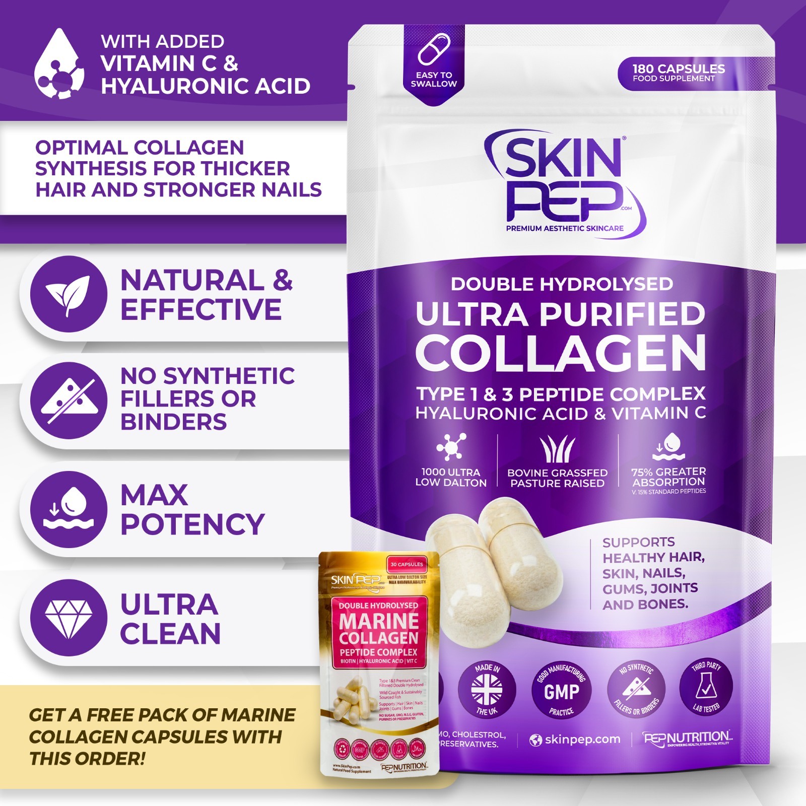 2160mg Hydrolysed Collagen Max Strength Hair, Skin, Nails 180 Capsules | SkinPep